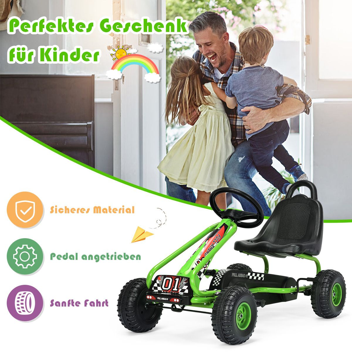 Gokart Mit Verstellbarem Sitz & Handbremse Tretauto Bis 30Kg Belastbar Pedal Go Cart
