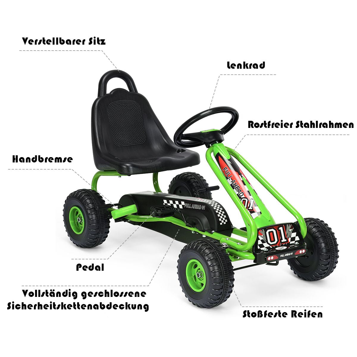 Gokart Mit Verstellbarem Sitz & Handbremse Tretauto Bis 30Kg Belastbar Pedal Go Cart