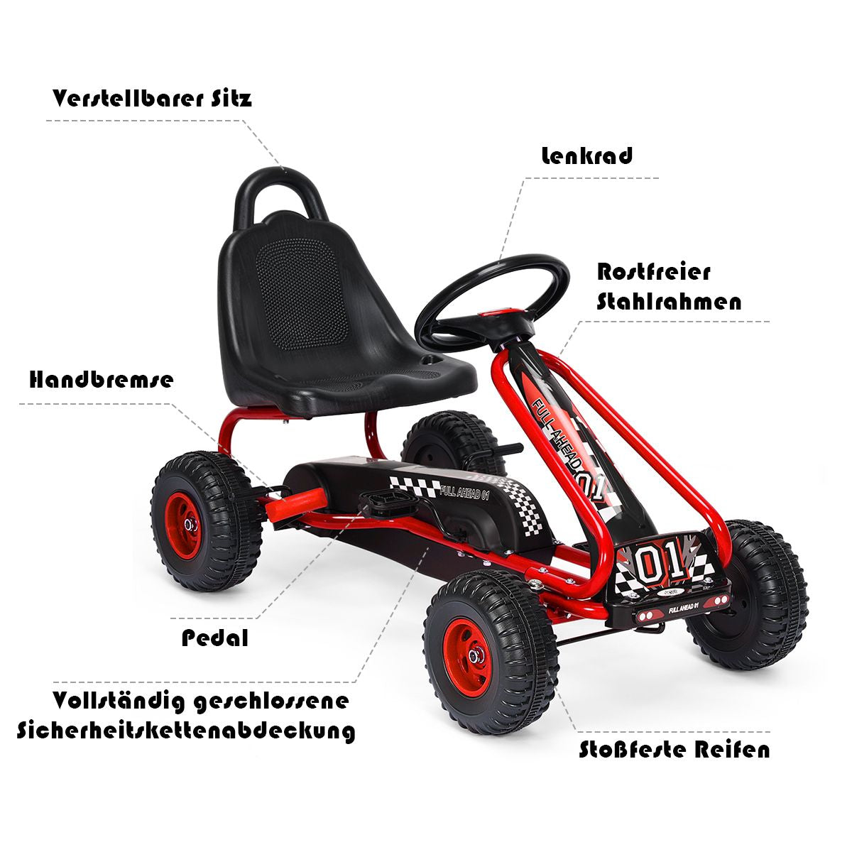 Gokart Mit Verstellbarem Sitz & Handbremse Tretauto Bis 30Kg Belastbar Pedal Go Cart