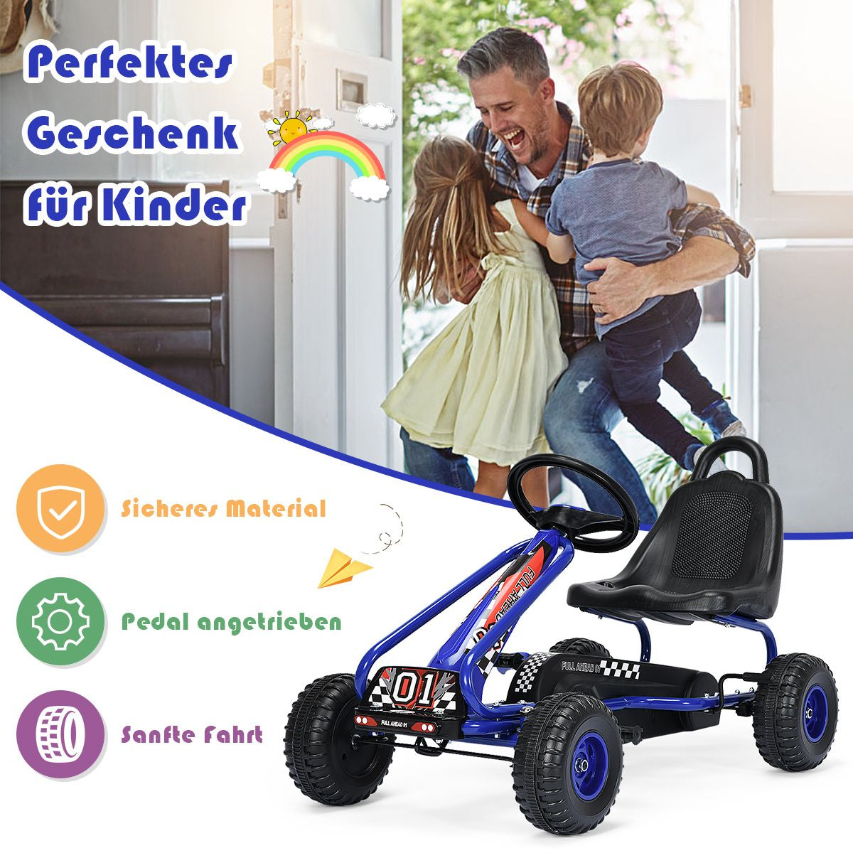 Gokart Mit Verstellbarem Sitz & Handbremse Tretauto Bis 30Kg Belastbar Pedal Go Cart