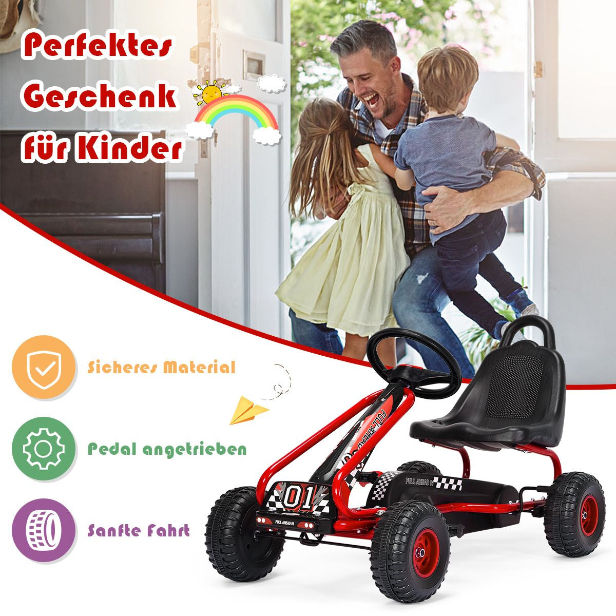 Gokart Mit Verstellbarem Sitz & Handbremse Tretauto Bis 30Kg Belastbar Pedal Go Cart